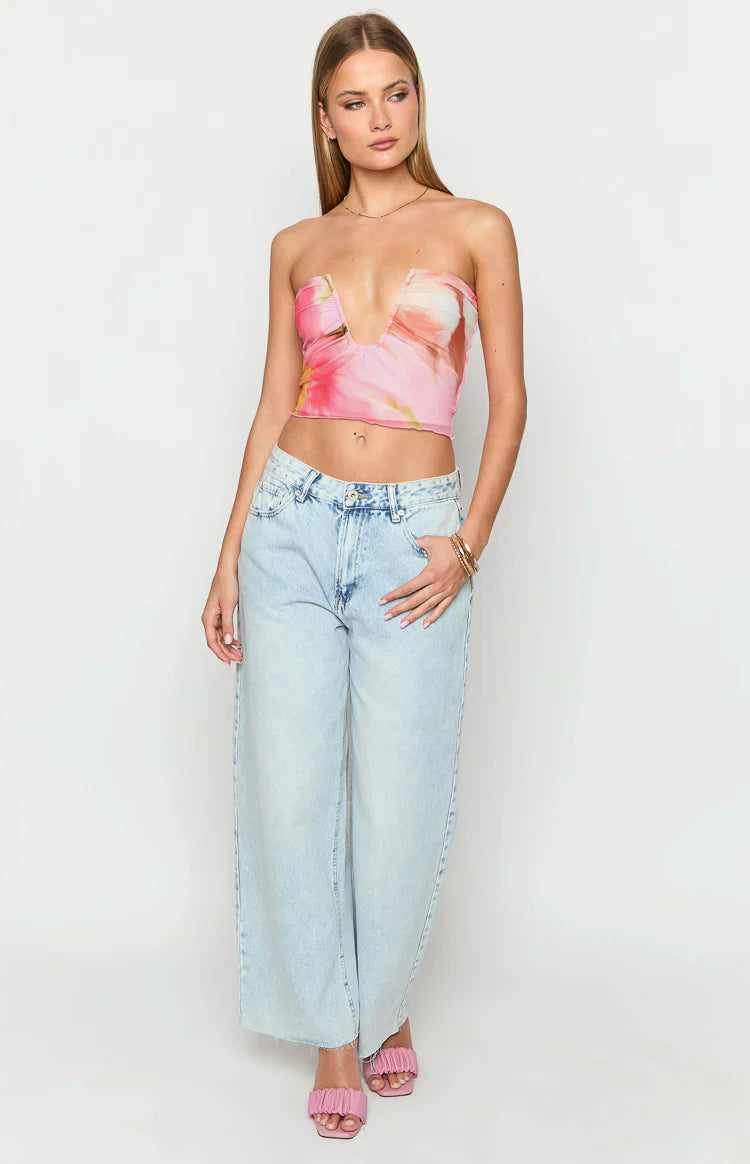 Esha Pink Floral Strapless Crop Top