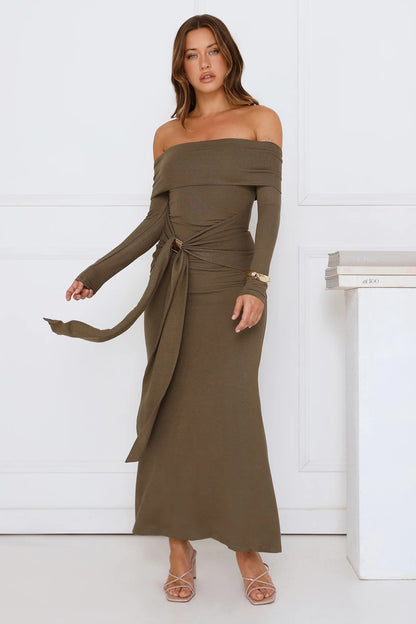 Subtle Statement Off Shoulder Maxi Dress Olive