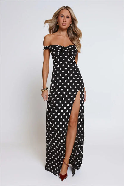 Trending Live Off Shoulder Polka Dot Maxi Dress Black