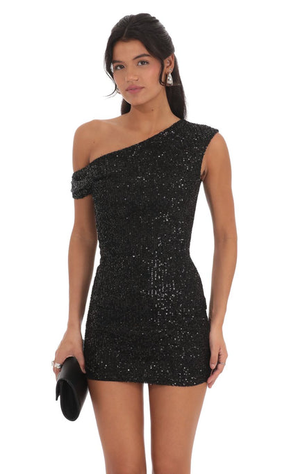 Off Shoulder Sequin Bodycon Dress in Black