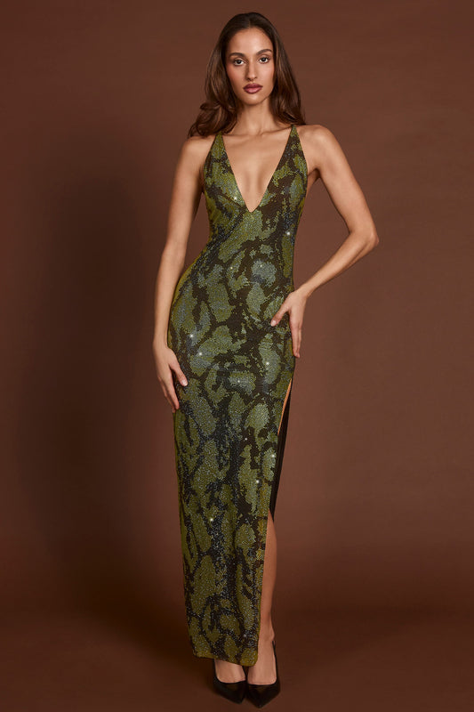 Embellished Halterneck Maxi Dress in Green Snake
