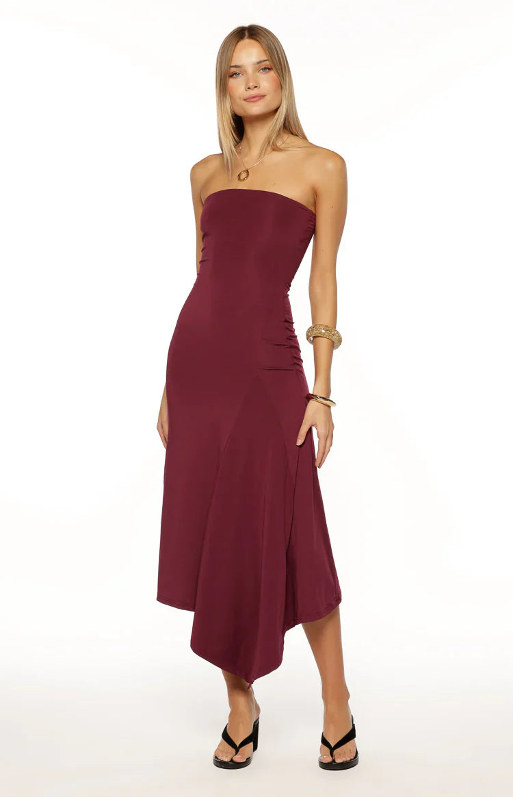 Maura Plum Strapless Asymmetrical Midi Dress