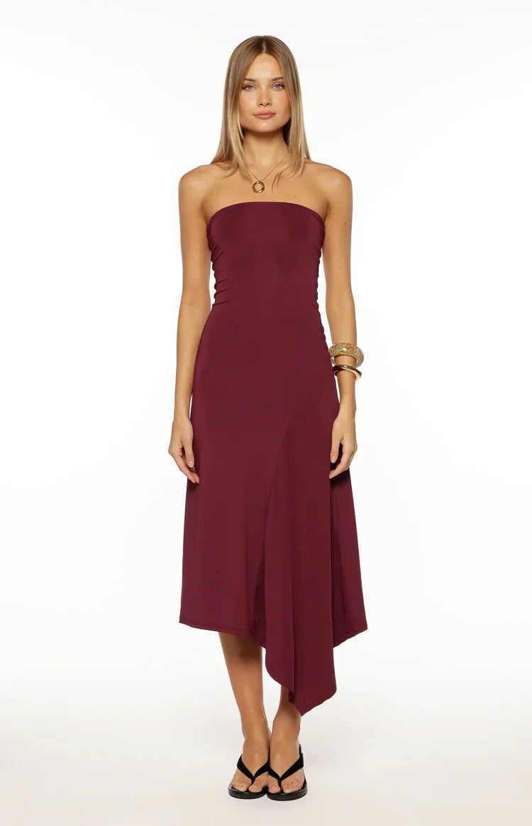Maura Plum Strapless Asymmetrical Midi Dress