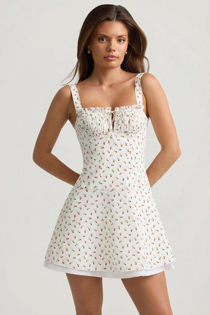 Lace-Up Cotton-Poplin Mini Dress in Rose Print