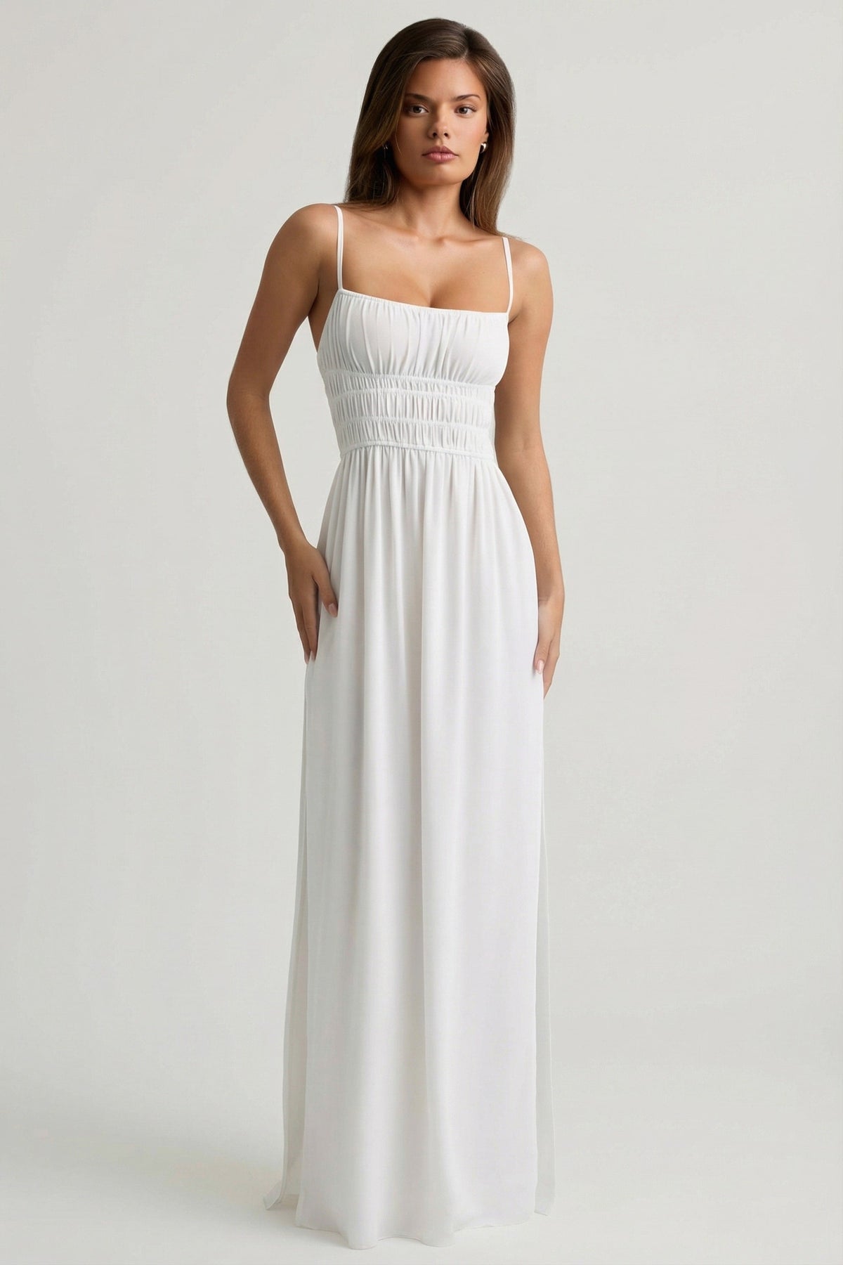 Shirred Camisole Maxi Dress in White