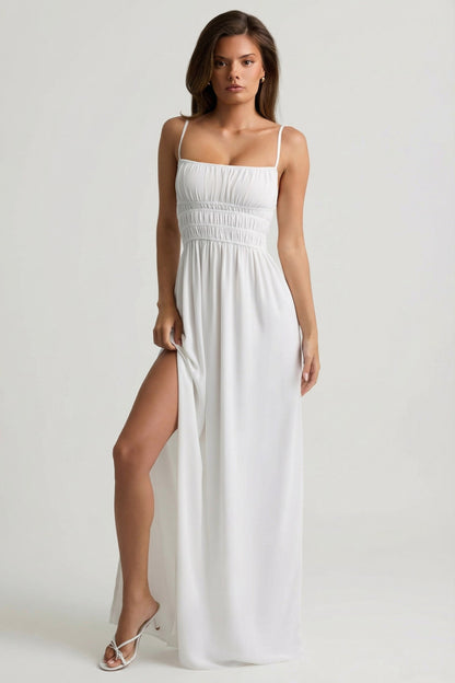 Shirred Camisole Maxi Dress in White