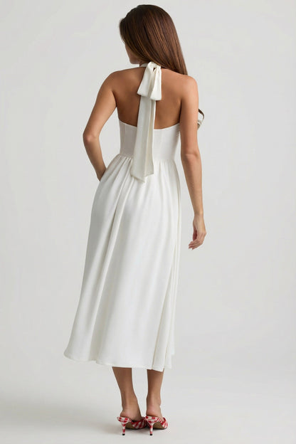 Button-Detail Halterneck Midaxi Dress in White