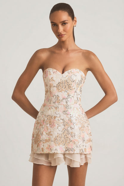 Embellished Strapless Corset Mini Dress in Ivory