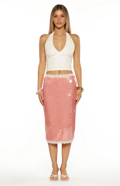 Petra Pink Sequin Lace Trim Midi Skirt