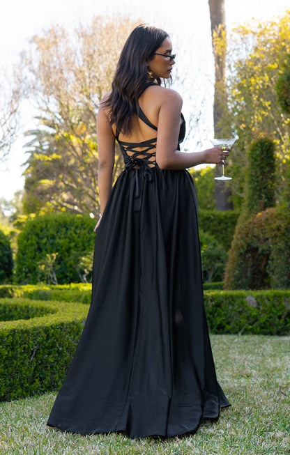Abigail Maxi Dress ~ Black Luxe Satin