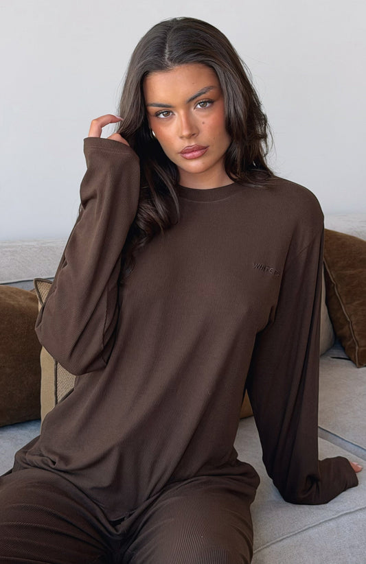 Come A Long Way Soft Lounge Long Sleeve Ribbed Tee Chocolate