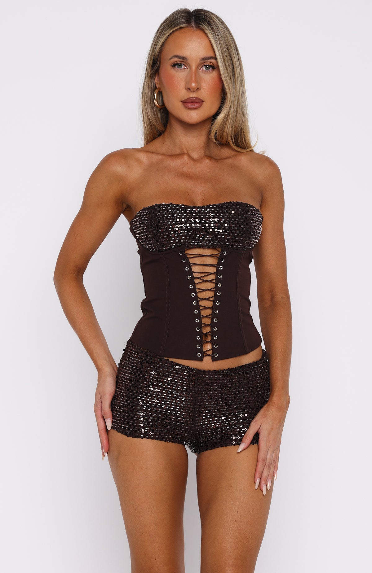 The Glitterati Beaded Mini Shorts Chocolate