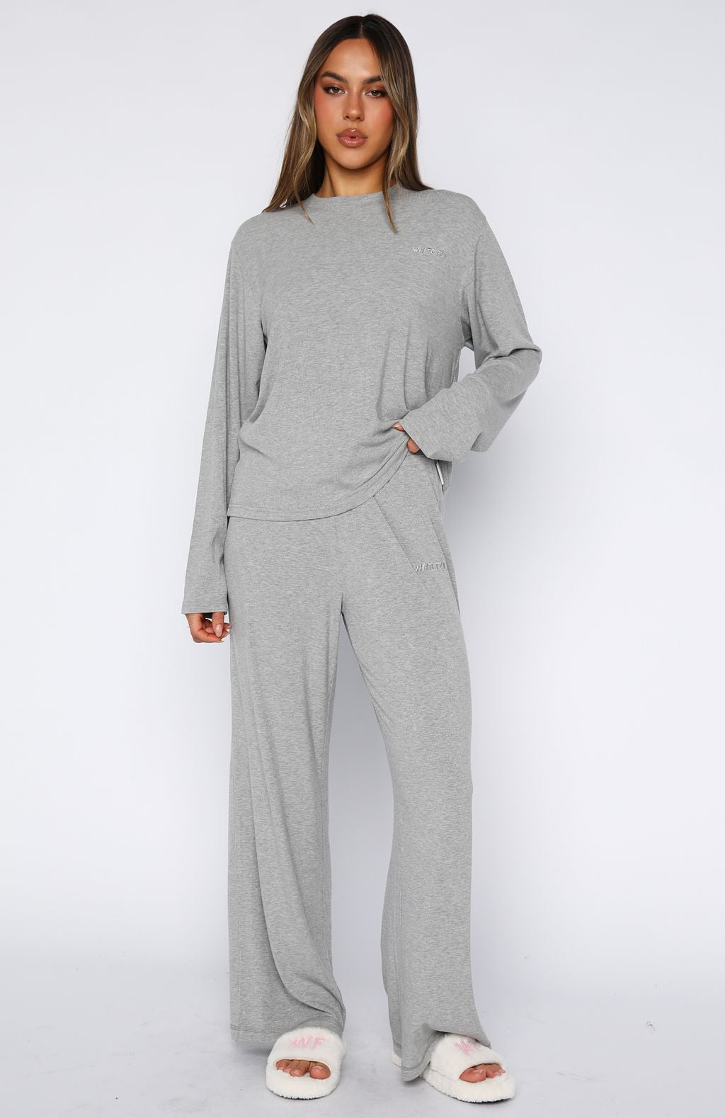 Come A Long Way Soft Lounge Long Sleeve Ribbed Tee Grey Marle